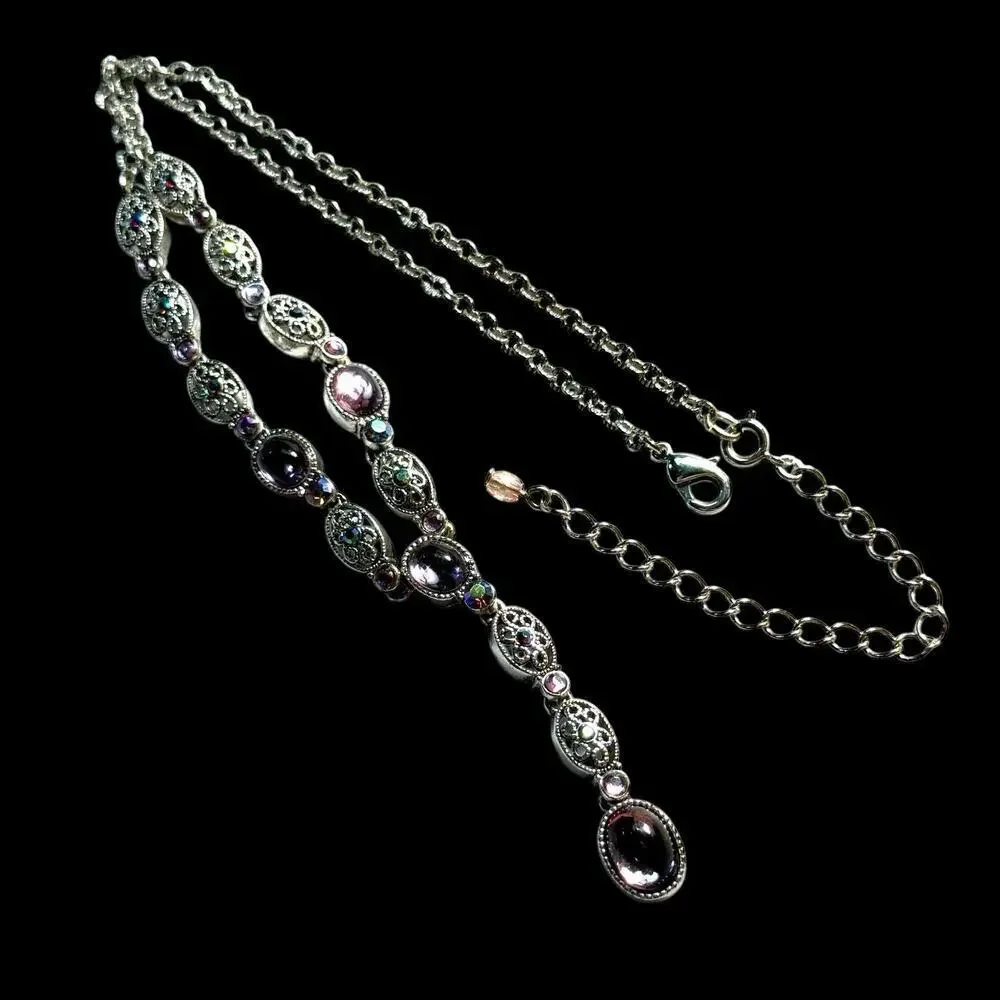 VTG Avon Silver Plate Filigree Cabochon AB Rhinstone Y Drop Lavaliere Necklace - Picture 11 of 16